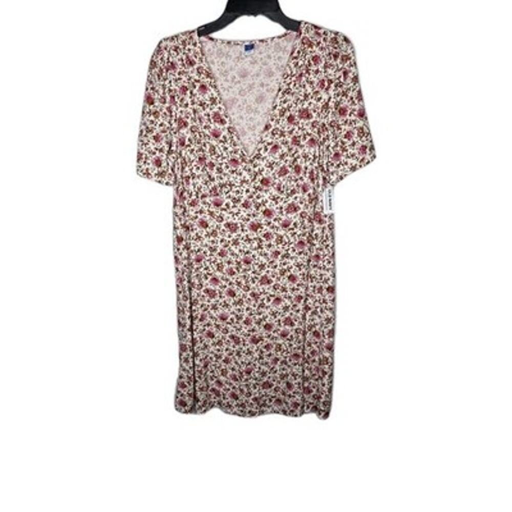 Old Navy Womens Dress L Pink Cream Floral Cottagecore Short Sleeve V Neck